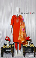 Moonpalav Vibrant Orange Embroidered Silk Kurta Set with Zari Border Dupatta
