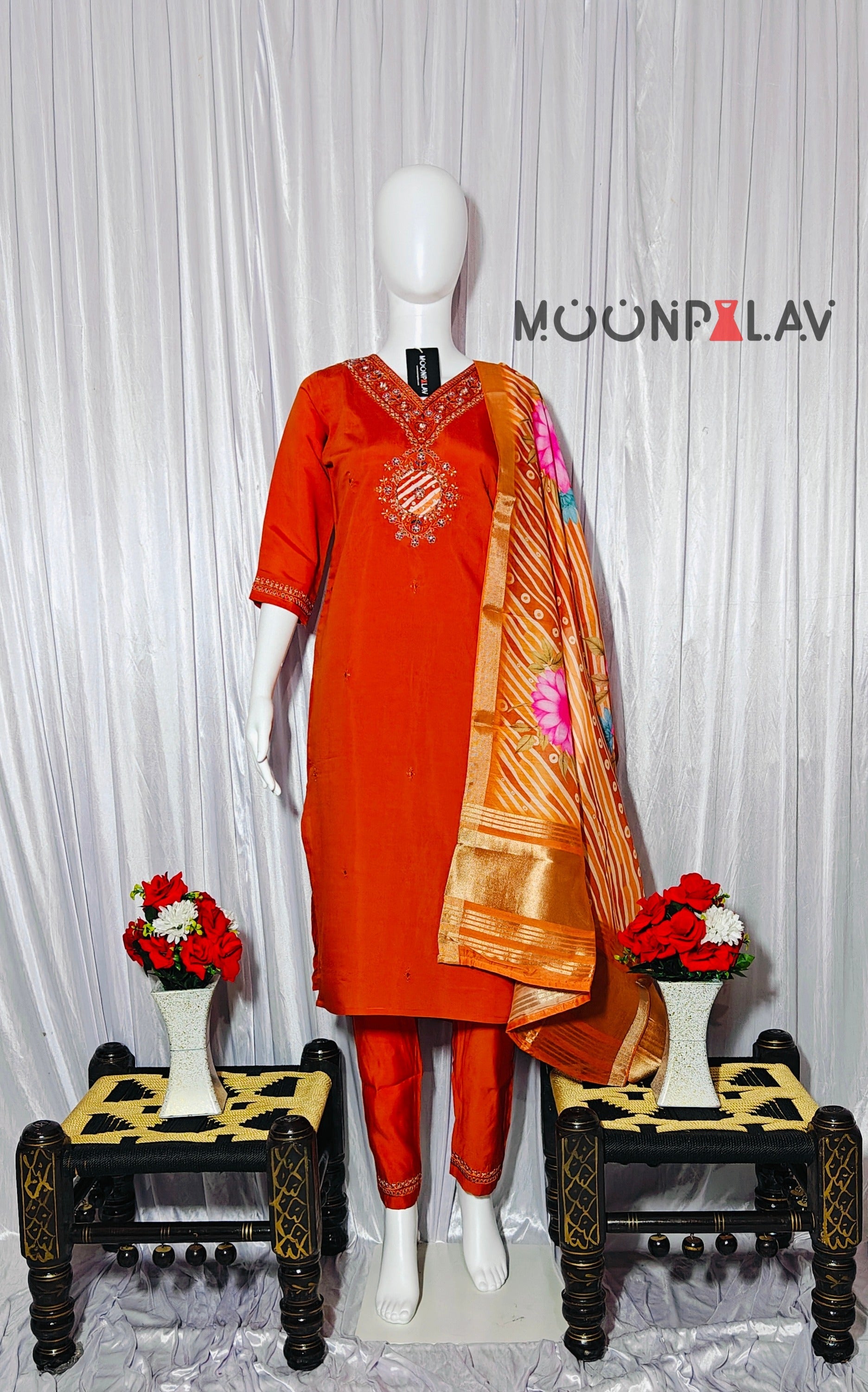 Moonpalav Vibrant Orange Embroidered Silk Kurta Set with Zari Border Dupatta