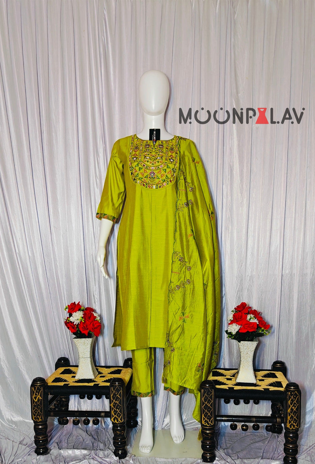 Moonpalav Lime Green Embroidered Silk Kurti Set – Festive Wear 3-Piece