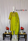 Moonpalav Lime Green Embroidered Silk Kurti Set – Festive Wear 3-Piece