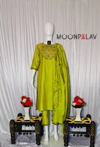 Moonpalav Lime Green Embroidered Silk Kurti Set – Festive Wear 3-Piece