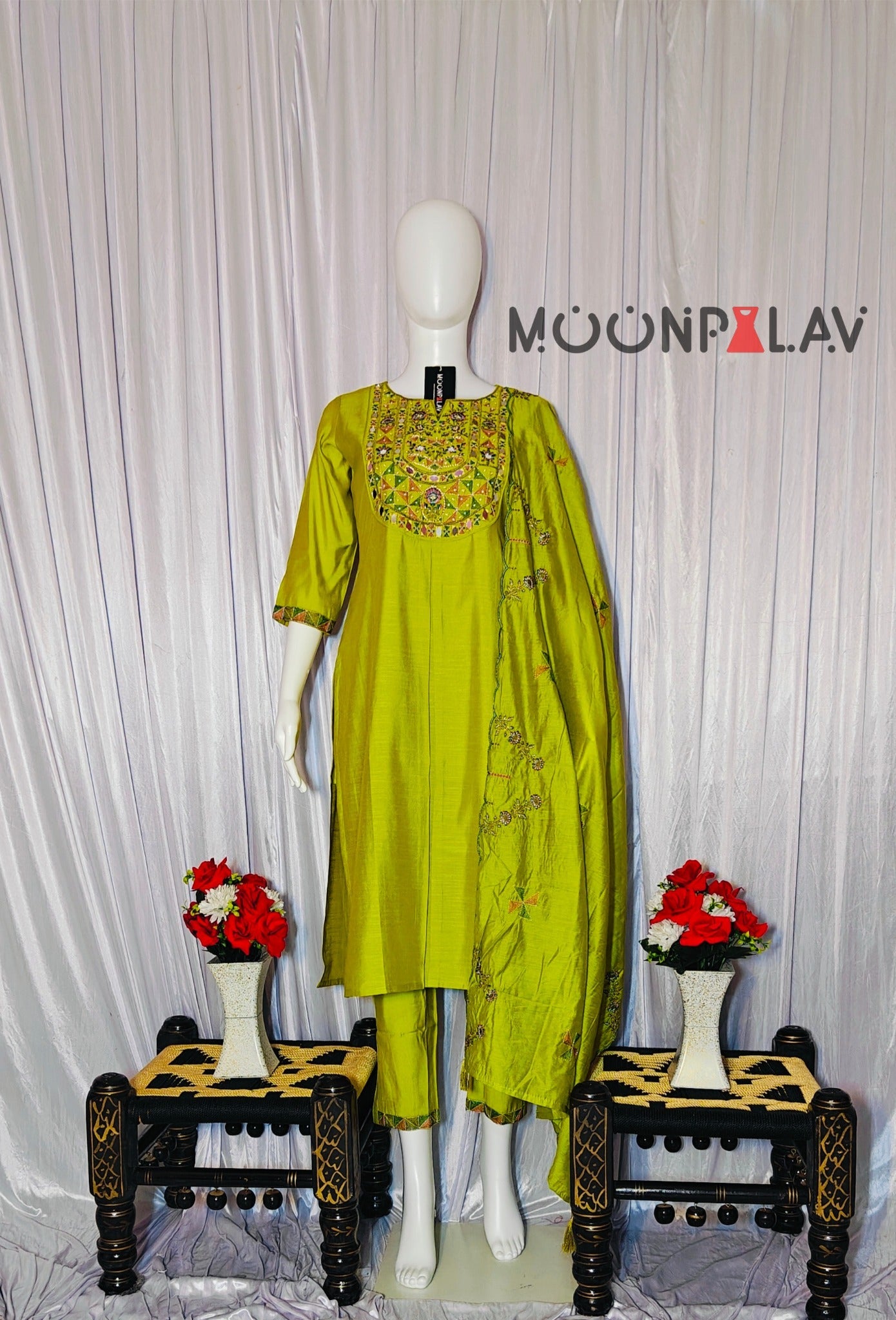 Moonpalav Lime Green Embroidered Silk Kurti Set – Festive Wear 3-Piece
