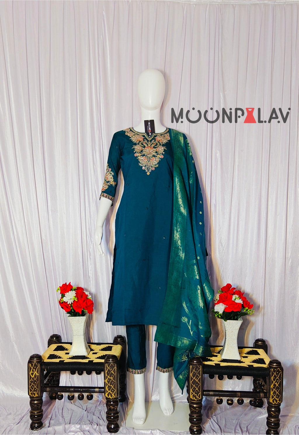 Moonpalav Bottle Green Roman Silk Sequinned Kurta Set with Jacquard Dupatta