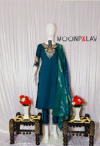 Moonpalav Bottle Green Roman Silk Sequinned Kurta Set with Jacquard Dupatta