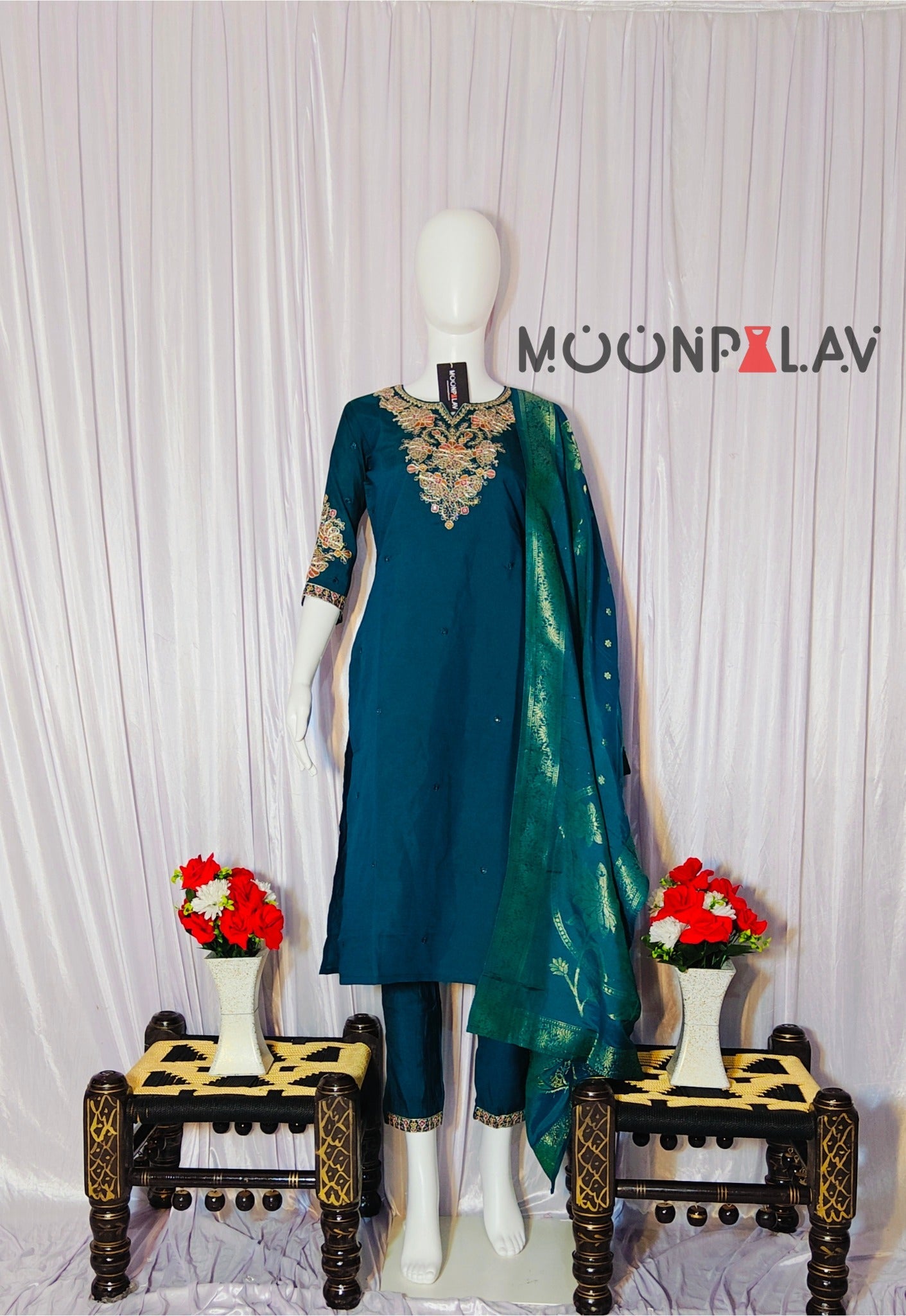 Moonpalav Bottle Green Roman Silk Sequinned Kurta Set with Jacquard Dupatta
