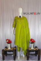 Lime Green Designer Marina Silk Embroidered Set with Maslin Dupatta