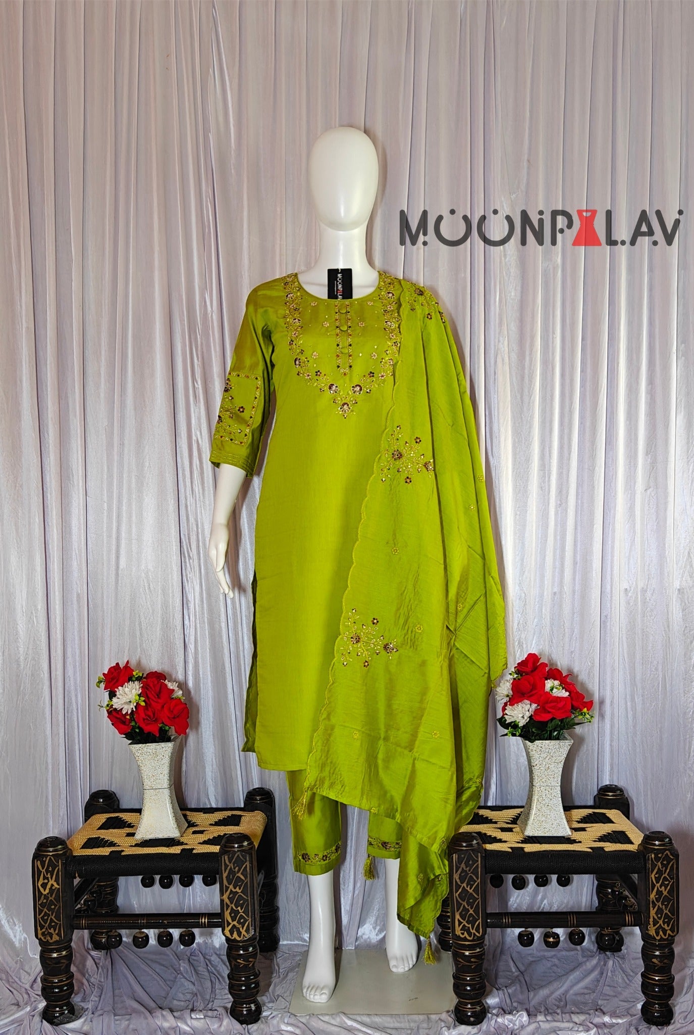 Lime Green Designer Marina Silk Embroidered Set with Maslin Dupatta