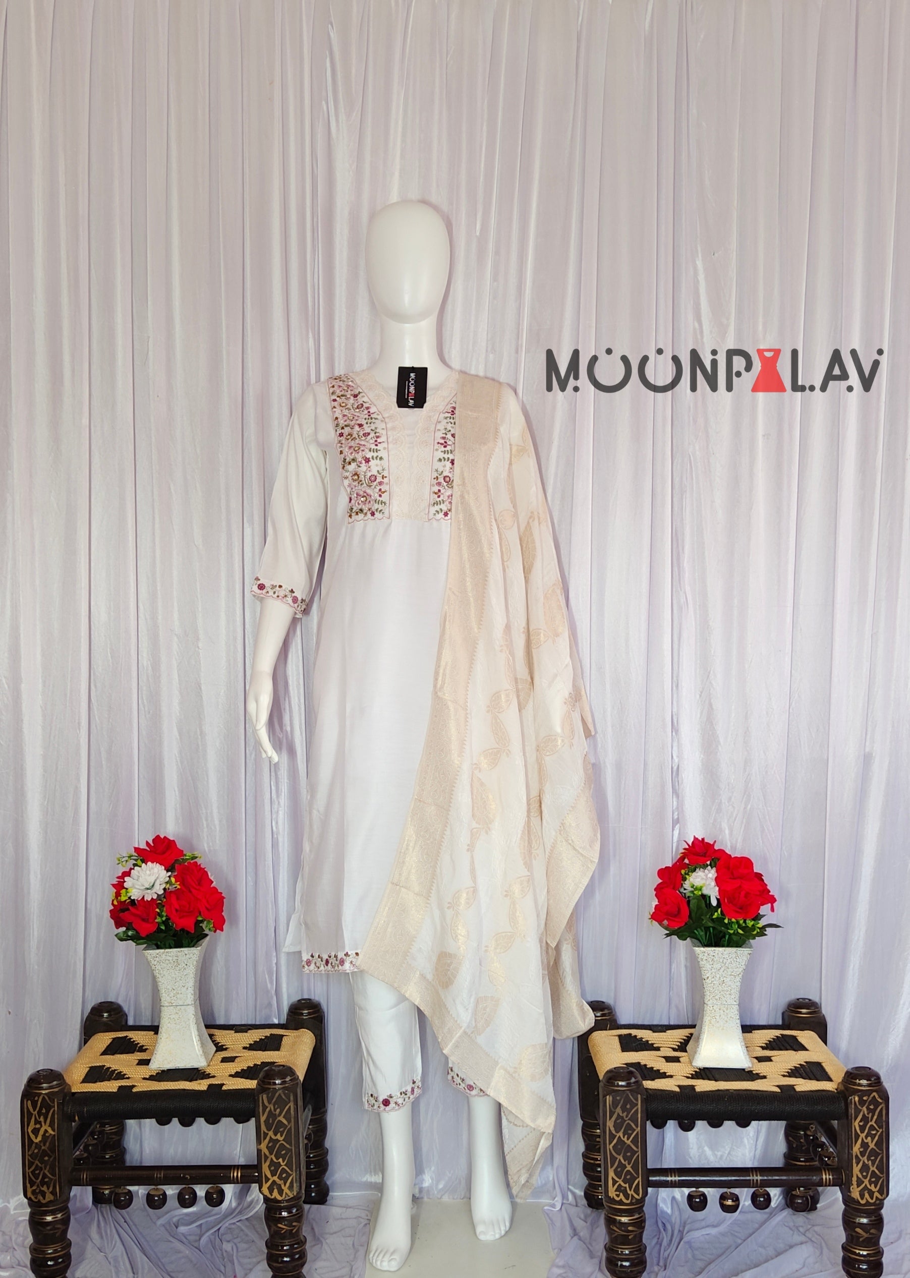 Hand-Embroidered Silk Suit with Woven Floral Motif Dupatta
