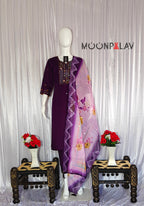 Moonpalav Royal Plum Roman Silk Designer Suit with Scalloped Dupatta