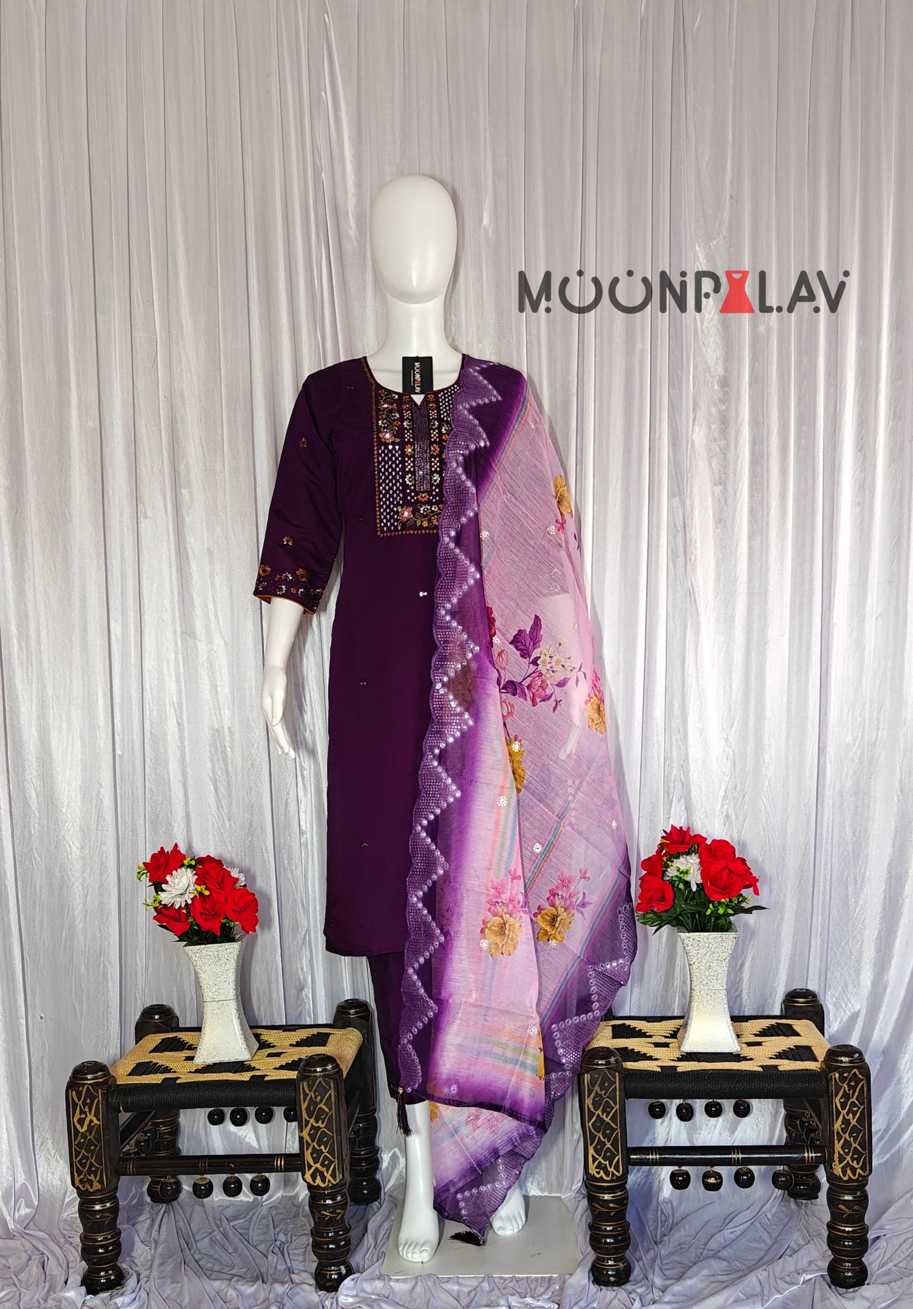 Moonpalav Royal Plum Roman Silk Designer Suit with Scalloped Dupatta
