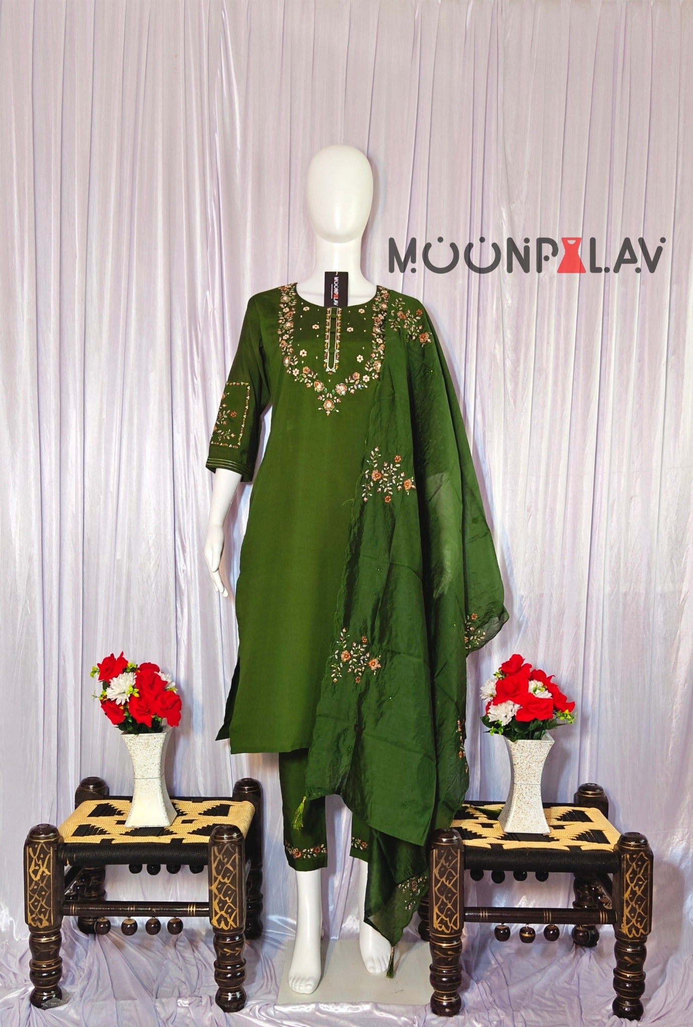 Green Marina Silk Embroidered Suit with Designer Maslin Dupatta