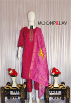 Moonpalav Magenta Roman Silk Handwork Kurti Set with Floral Digital Dupatta