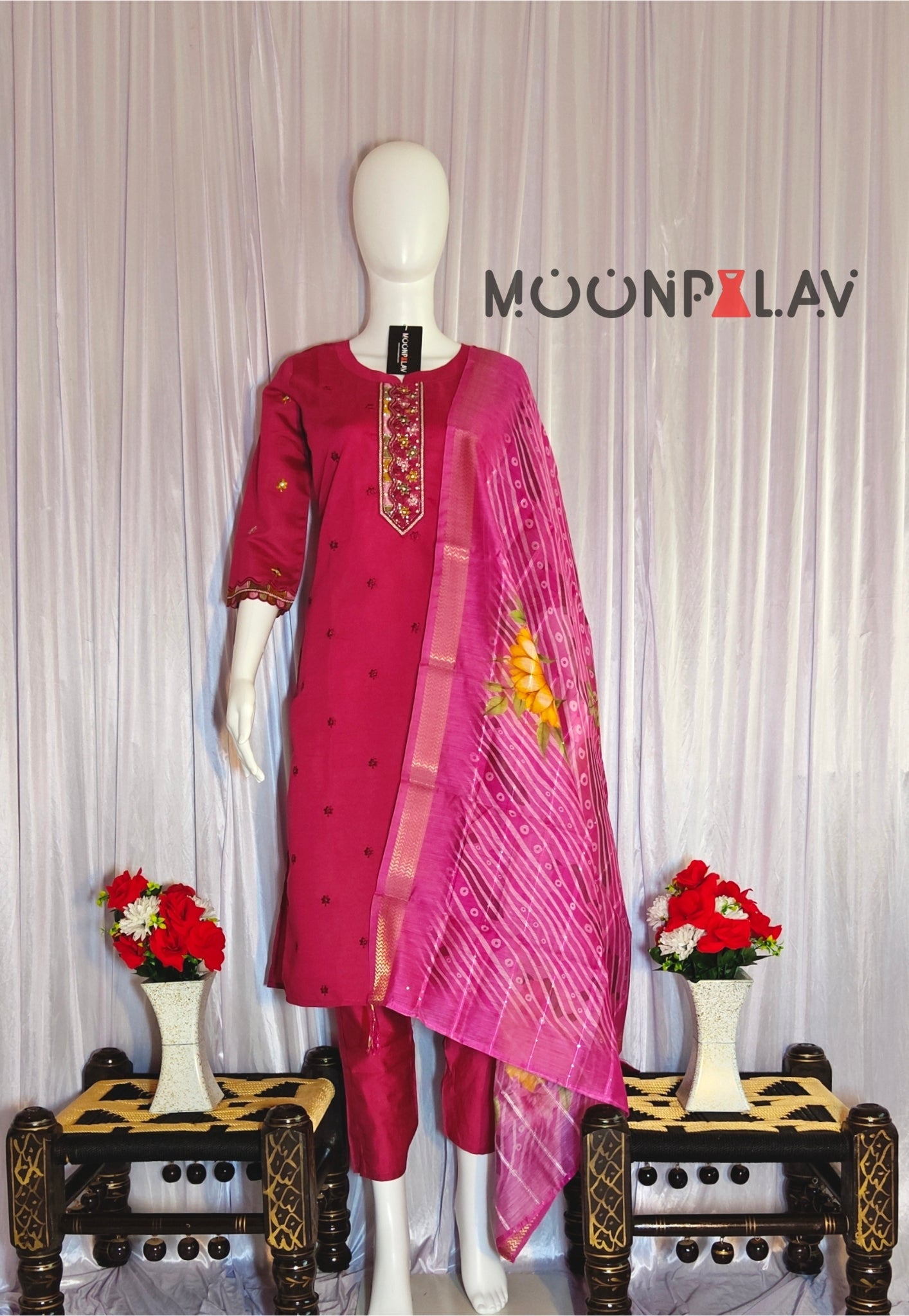 Moonpalav Magenta Roman Silk Handwork Kurti Set with Floral Digital Dupatta