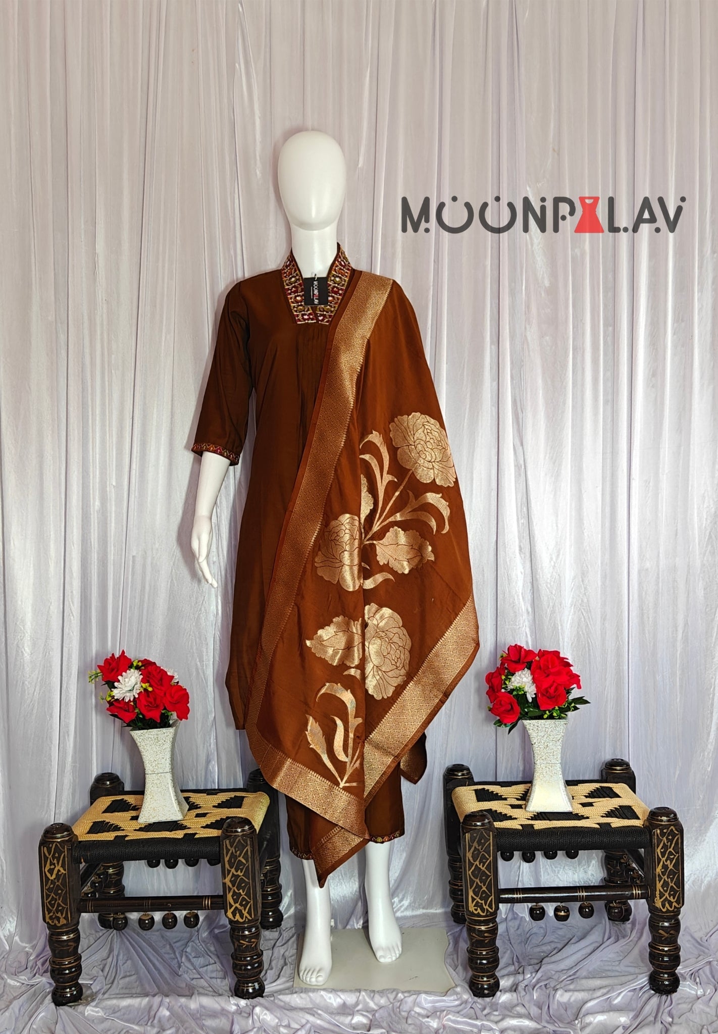 Moonpalav Earth Brown Mango Silk Handwork Suit Set for Weddings