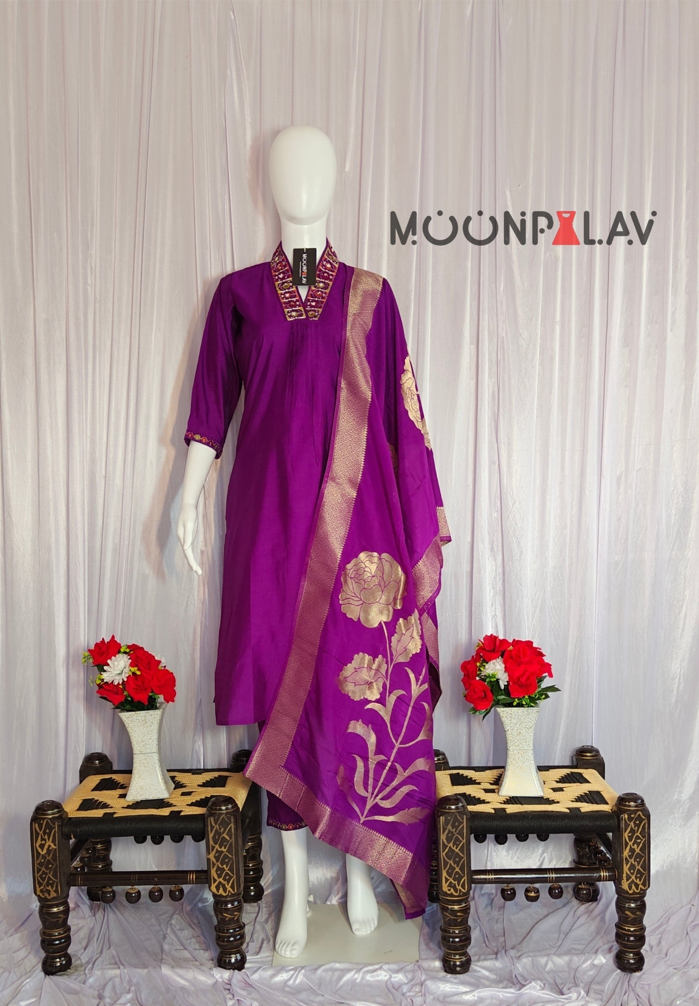 Moonpalav Royal Purple Silk Kurti Set with Maslin Dupatta