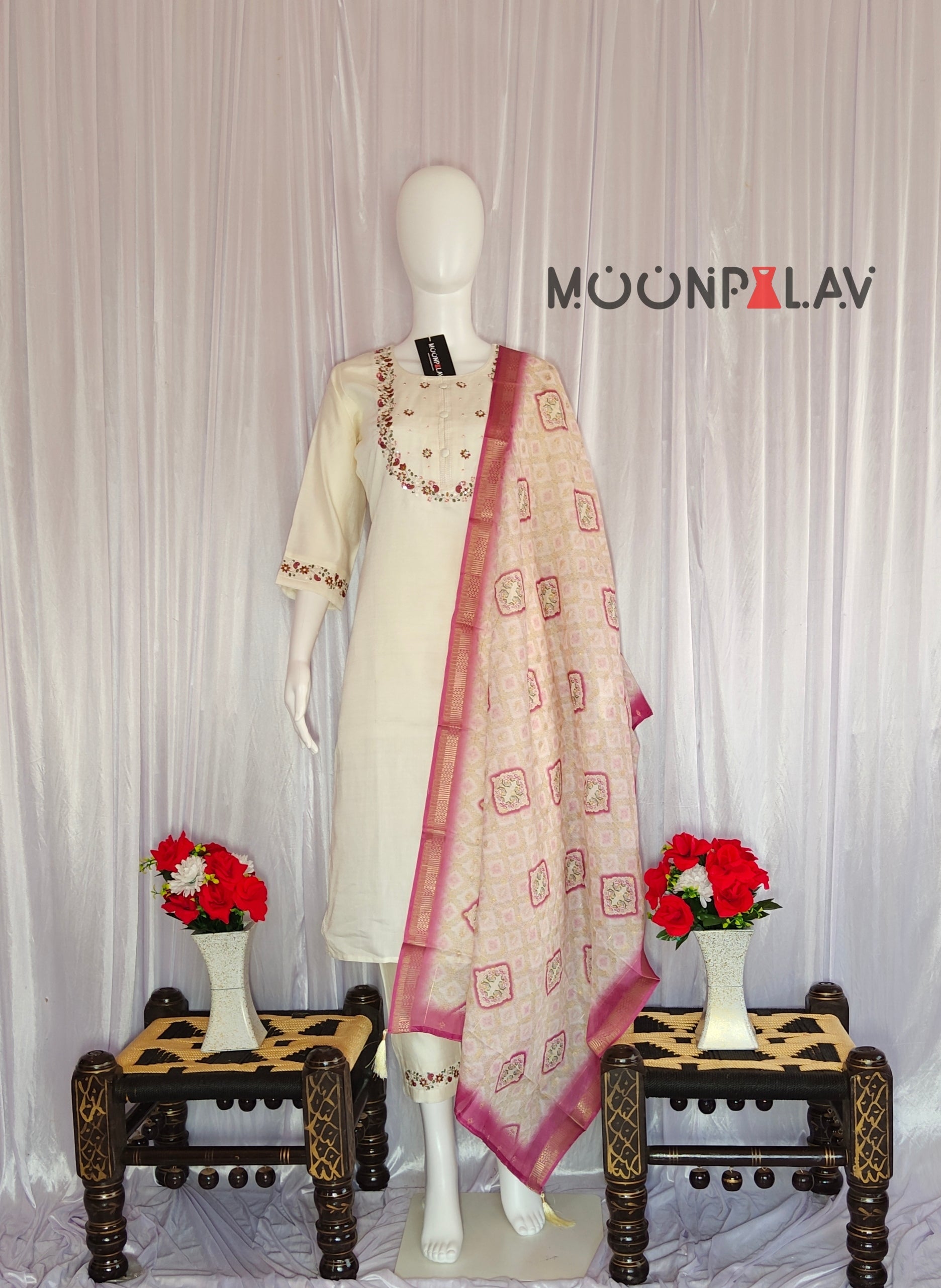 Moonpalav Pearl Cream Marina Silk Luxury Suit with Digital Print Dupatta