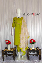 Moonpalav Olive Green Marina Silk Kurti Set with Digital Print Dupatta