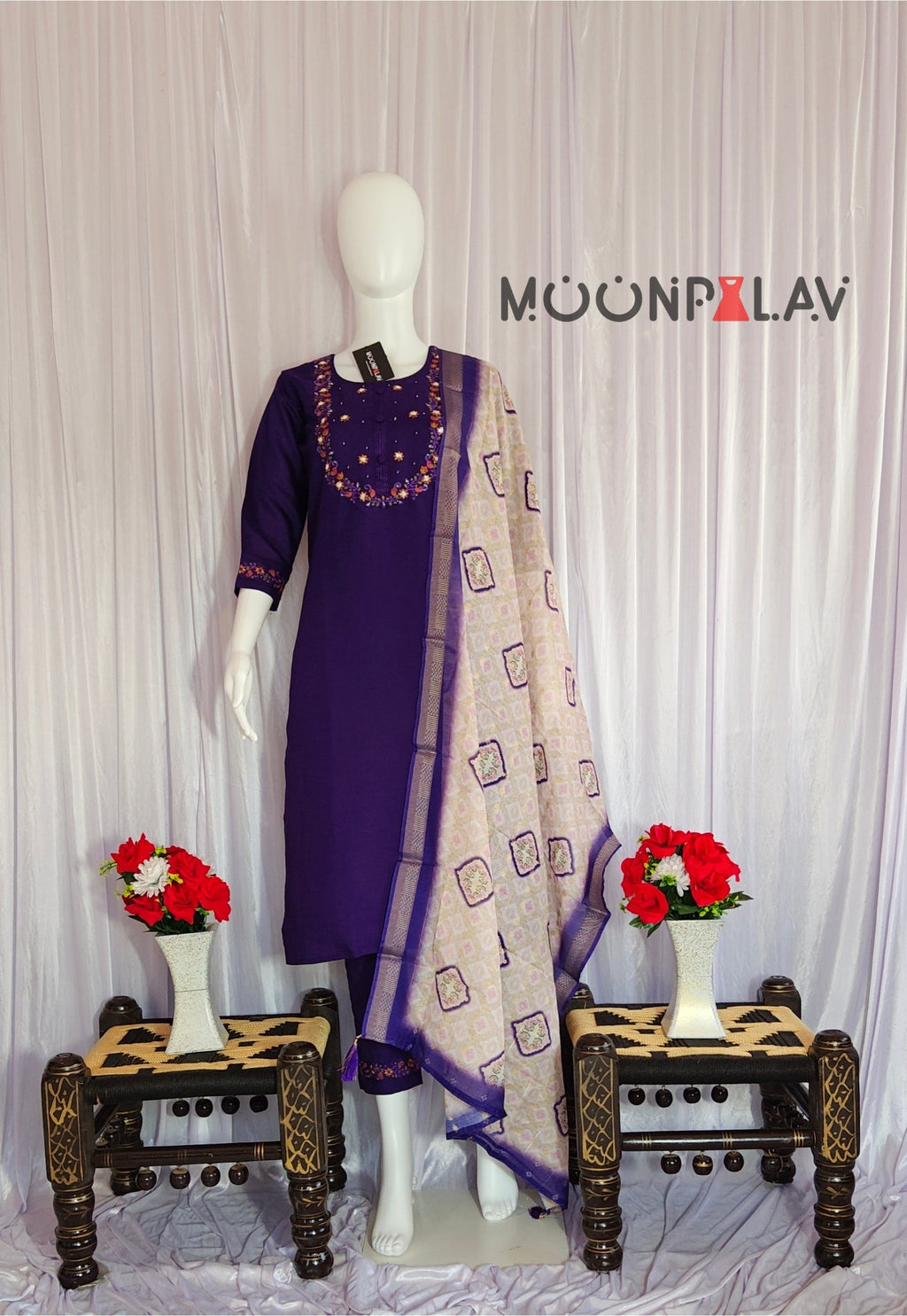 Moonpalav Deep Purple Marina Silk Embroidered Suit with Digital Print Dupatta