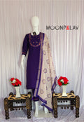 Moonpalav Deep Purple Marina Silk Embroidered Suit with Digital Print Dupatta
