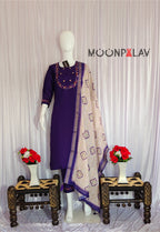 Moonpalav Deep Purple Marina Silk Embroidered Suit with Digital Print Dupatta