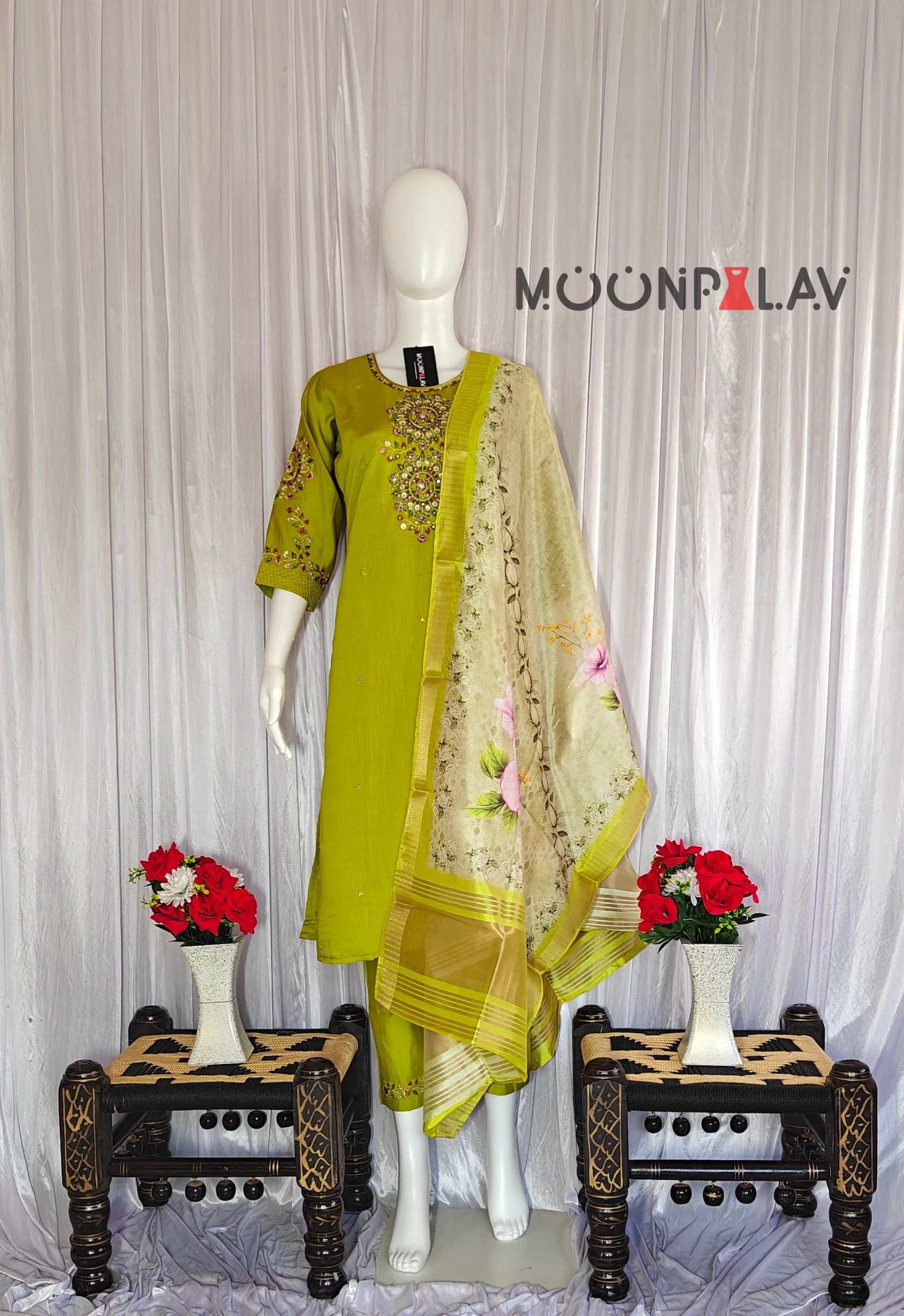 Moonpalav Lime Green Viscose Silk Luxury Suit with Digital Print Dupatta