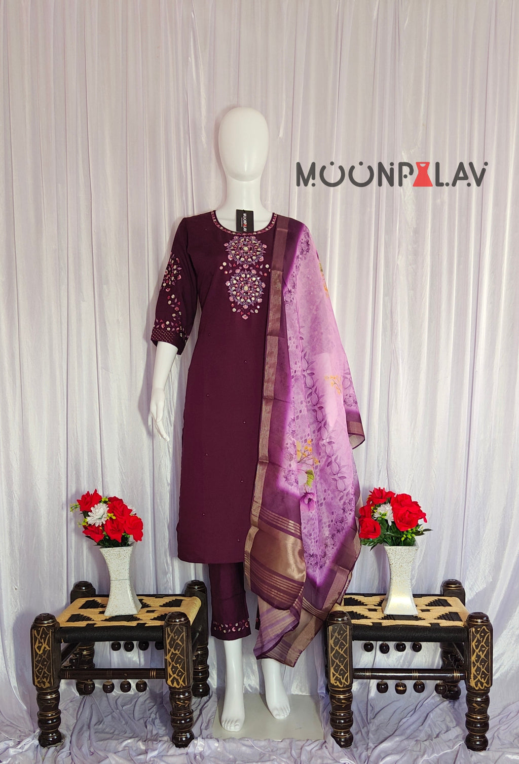Moonpalav Wine Purple Viscose Silk Designer Suit with Digital Print Dupatta