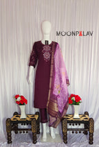 Moonpalav Wine Purple Viscose Silk Designer Suit with Digital Print Dupatta