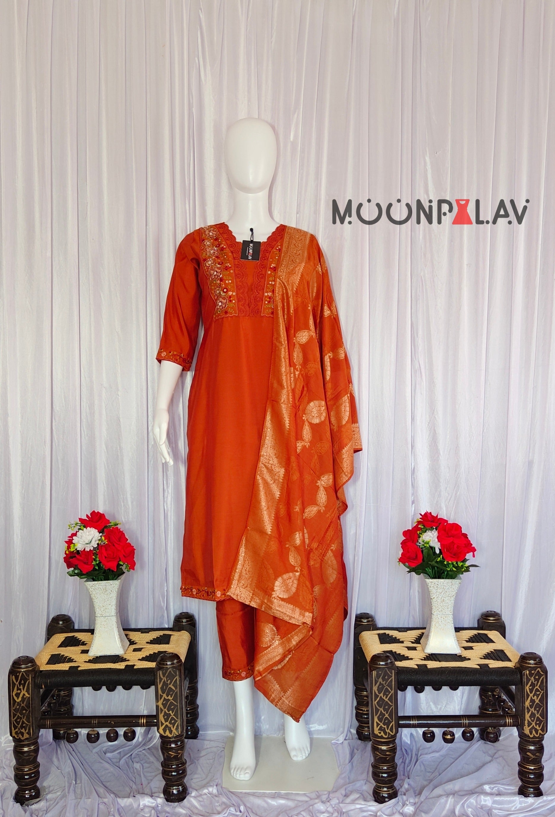 Hand-Embroidered Silk Suit with Woven Floral Motif Dupatta