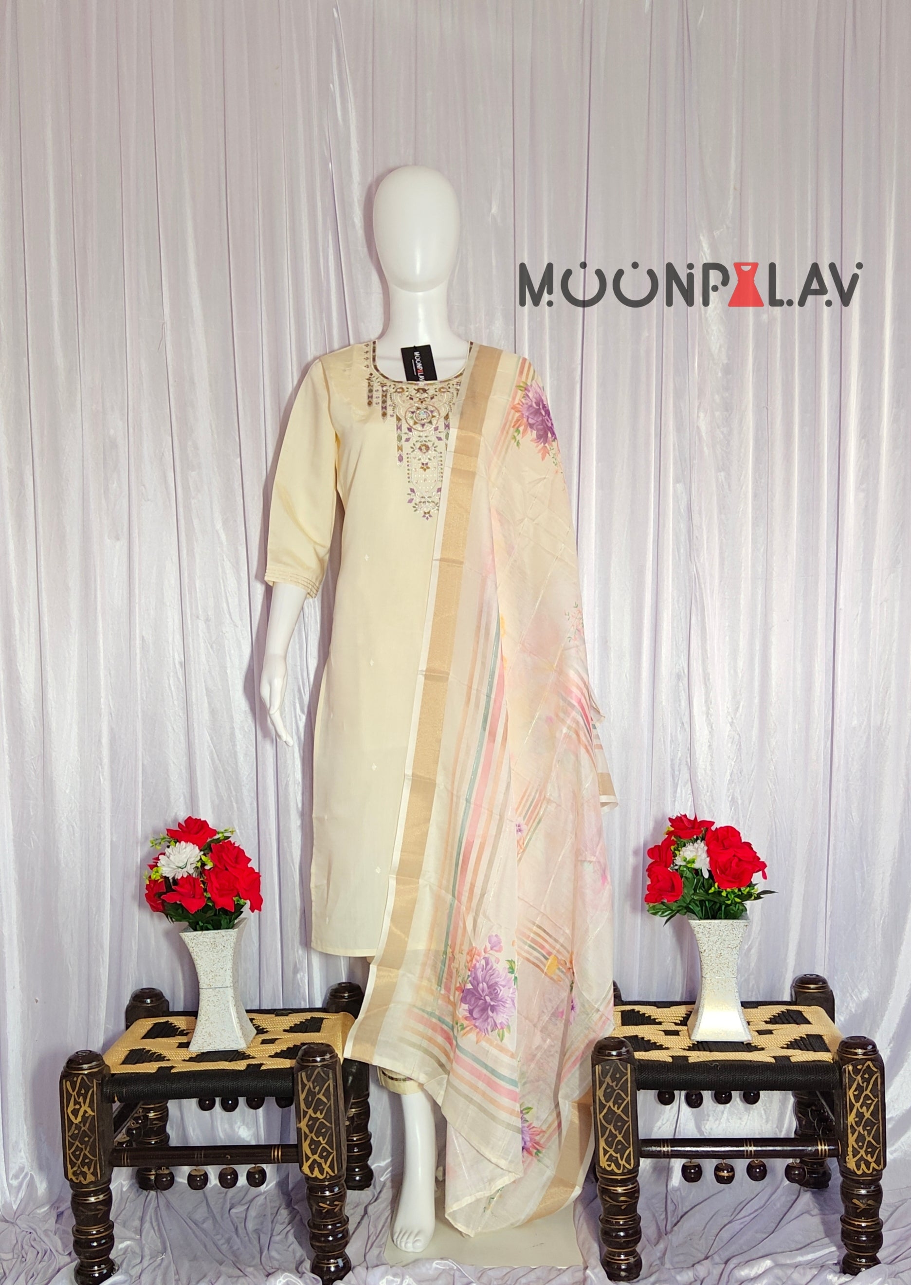 Moonpalav Pearl Cream Shimmer Gold Silk Embroidered Suit with Muslin Dupatta