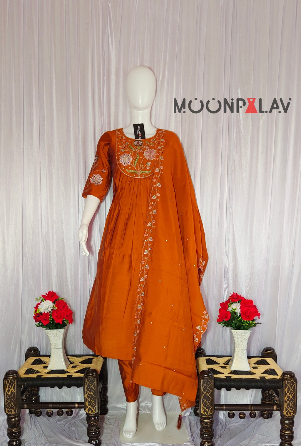 Moonpalav Signature Orange Roman Silk Hand-Embroidered Anarkali Suit Set
