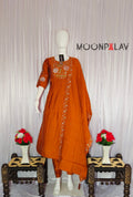 Moonpalav Signature Orange Roman Silk Hand-Embroidered Anarkali Suit Set