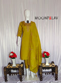 Moonpalav Mustard Yellow Roman Silk Hand-Embroidered Suit with Dupatta