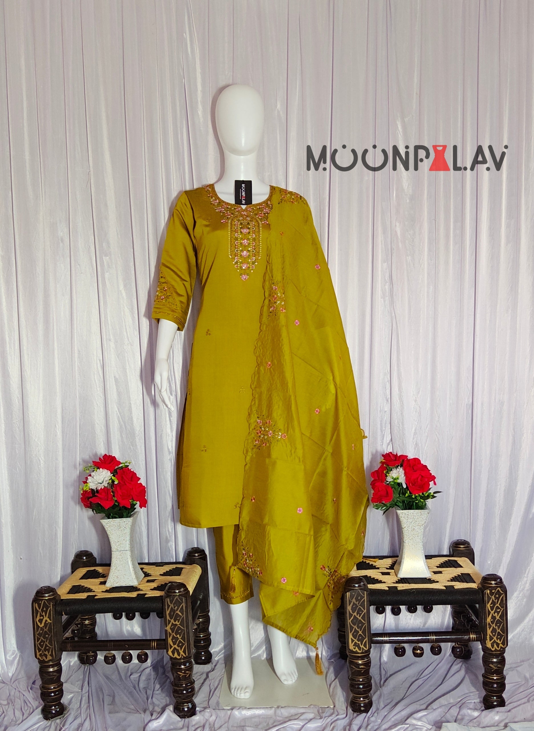 Moonpalav Mustard Yellow Roman Silk Hand-Embroidered Suit with Dupatta