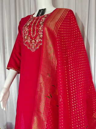 Moonpalav Hot Pink Marina Silk Designer Suit with Meena Work Dupatta
