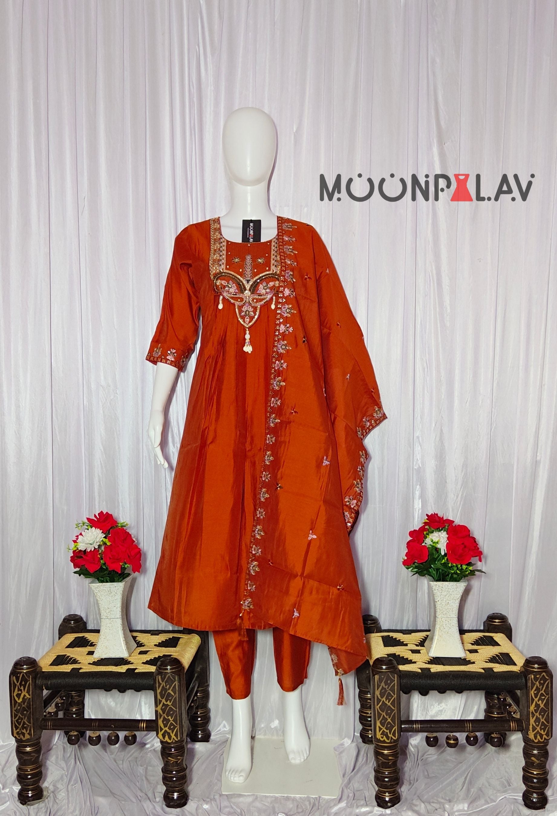 Moonpalav Rust Orange Sequinned Roman Silk Anarkali Kurta Set