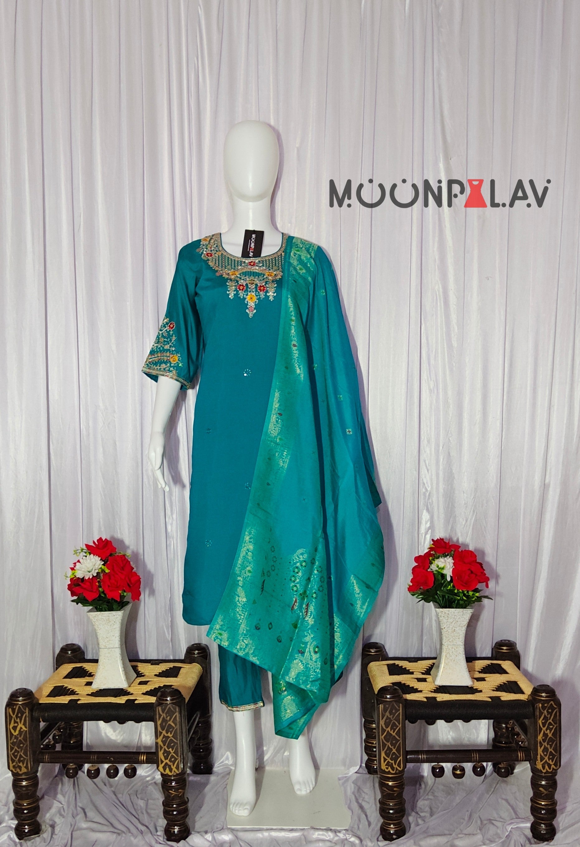 Moonpalav Teal Roman Silk Sequinned Kurta Set with Jacquard Dupatta