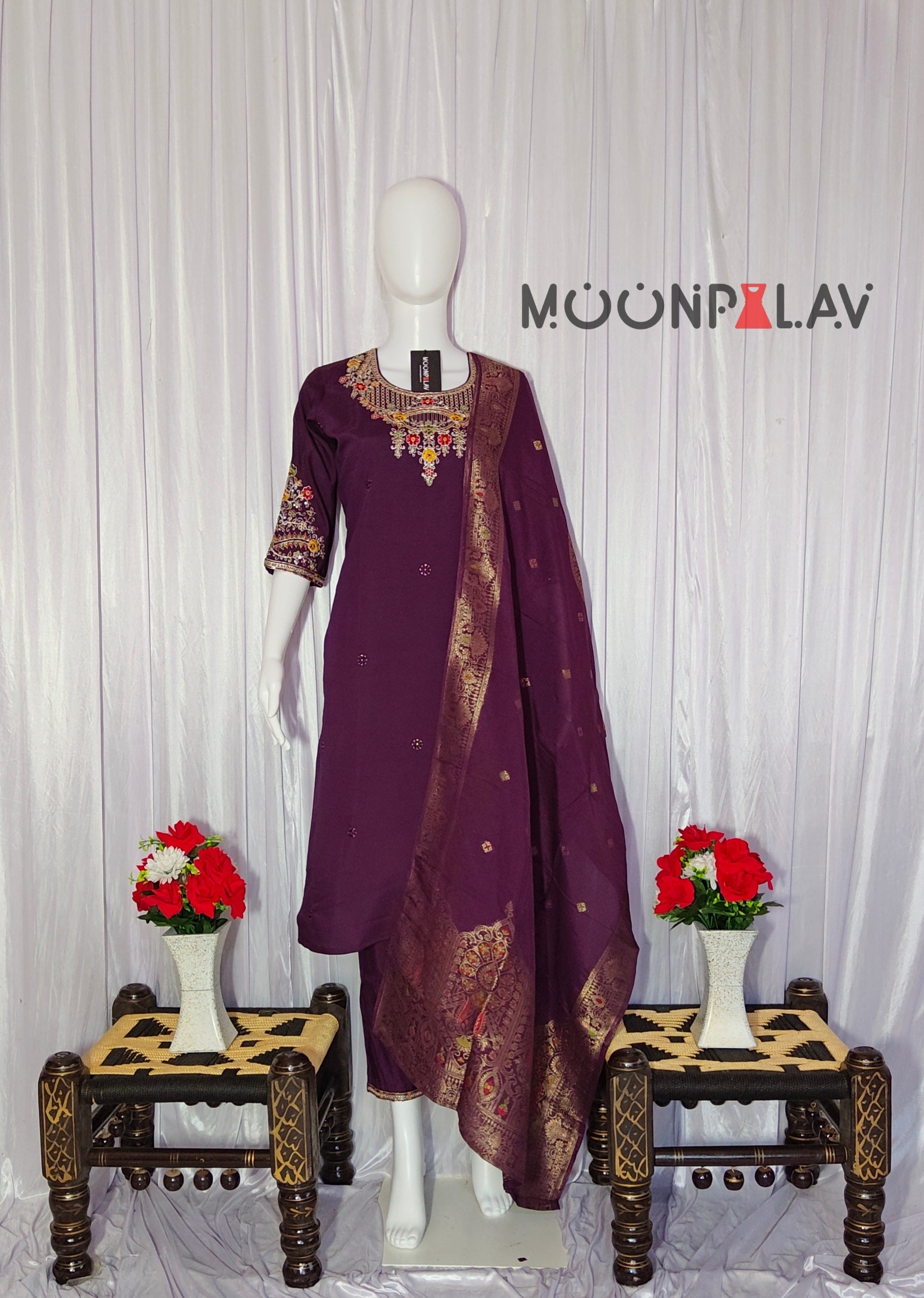 Moonpalav Rich Wine Roman Silk Kurta Set with Jacquard Meena Dupatta