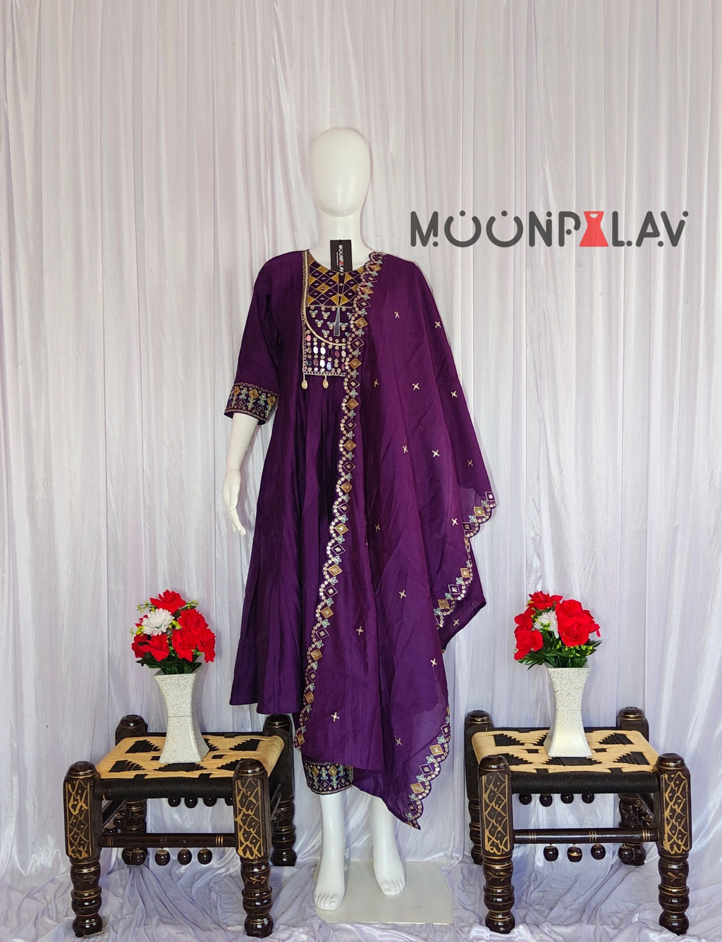 Moonpalav Deep Plum Roman Silk Mirror Work Anarkali Set with Dupatta