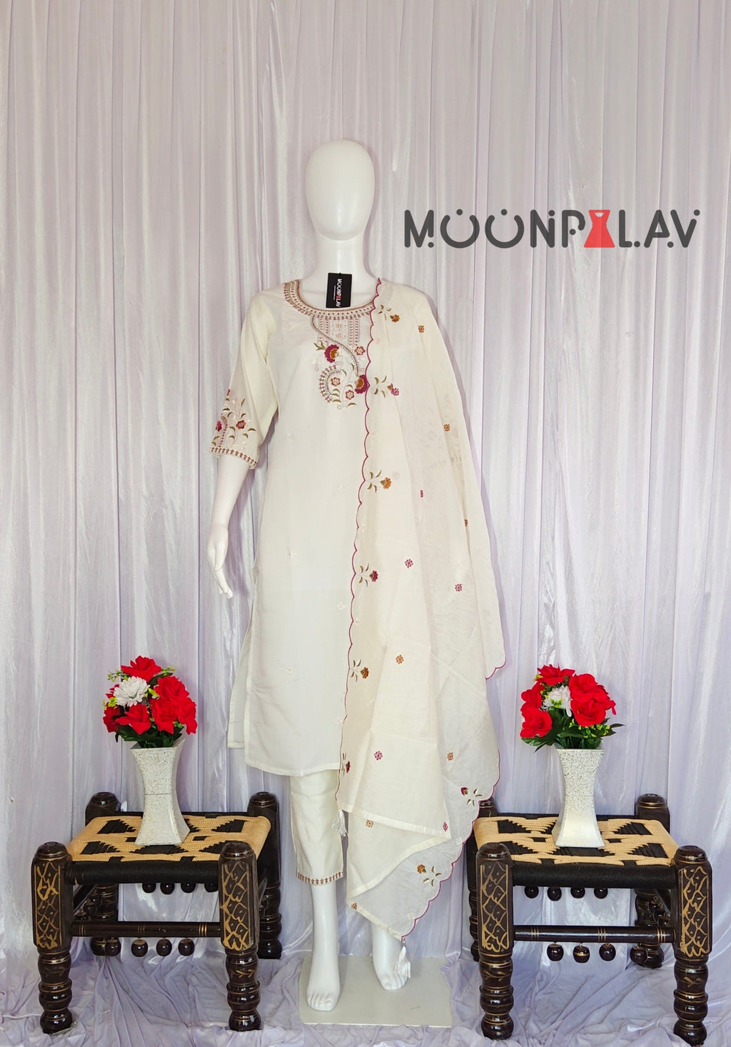 Moonpalav Ivory White Roman Silk Handwork Kurta Set with Muslin Dupatta