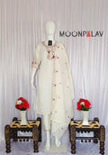 Moonpalav Ivory White Roman Silk Handwork Kurta Set with Muslin Dupatta
