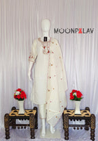 Moonpalav Ivory White Roman Silk Handwork Kurta Set with Muslin Dupatta