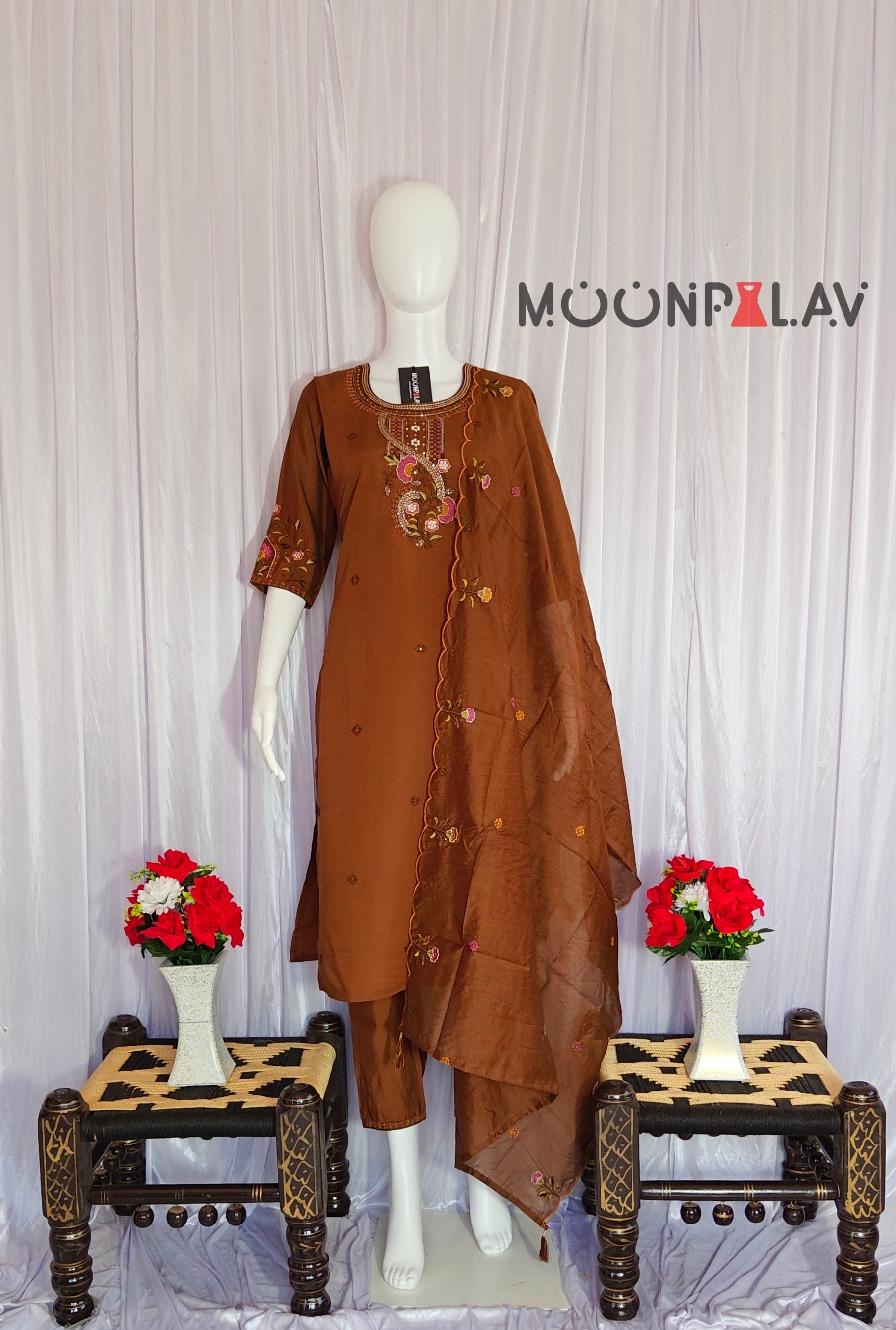Moonpalav Rich Coffee Roman Silk Handwork Kurta Set with Dupatta