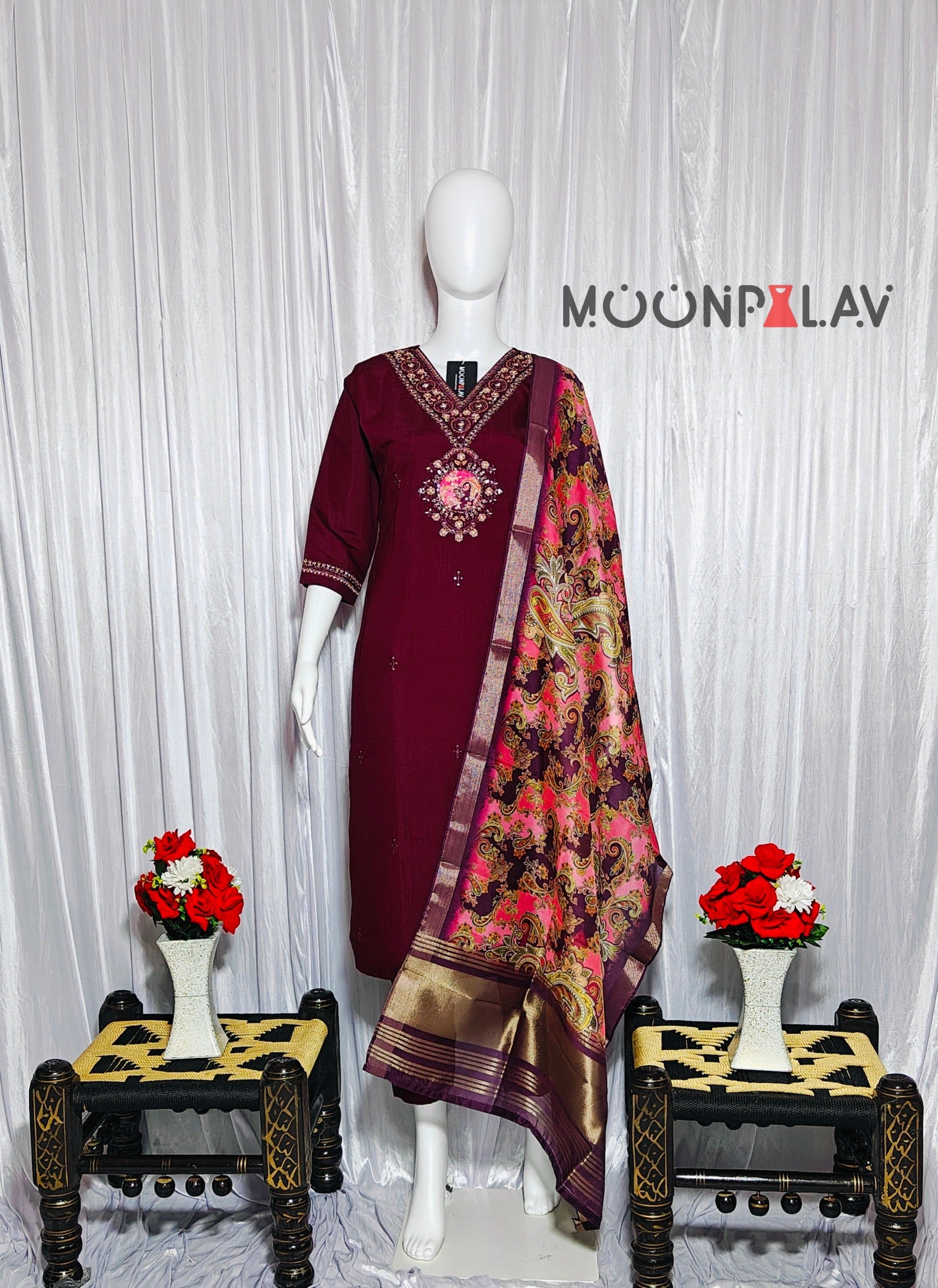 Moonpalav Deep Wine Embroidered Silk Kurta Set with Zari Border Dupatta