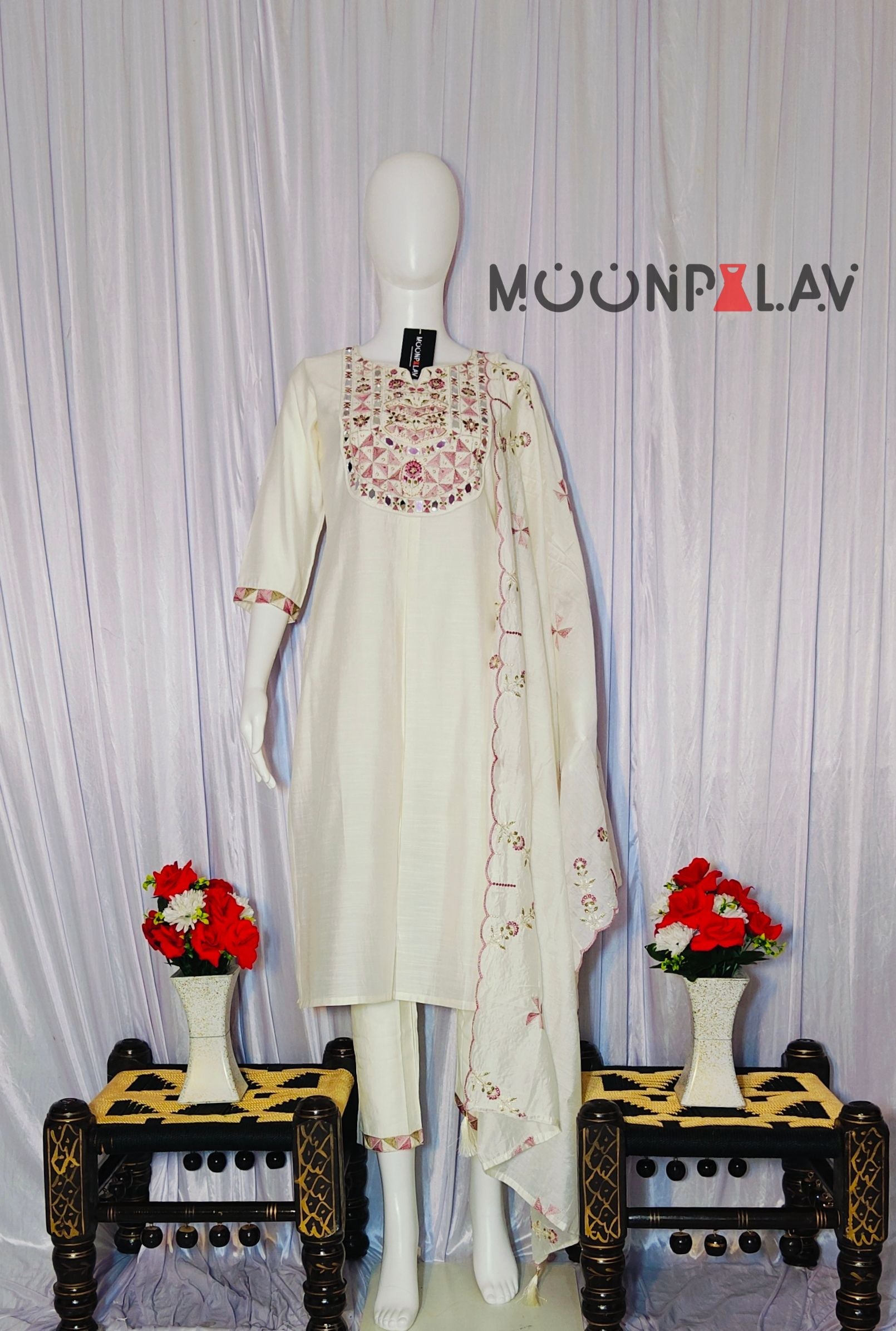 Moonpalav Pearl White Hand-Embroidered Mango Silk Suit with Scalloped Dupatta