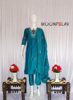 Moonpalav Signature Teal Marina Silk Handwork Kurta Set with Dupatta
