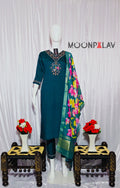 Moonpalav Teal Green Embroidered Silk Kurta Set with Zari Border Dupatta
