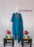 Moonpalav Teal Blue Mango Silk Mirror Work Kurti Set with Chanderi Dupatta
