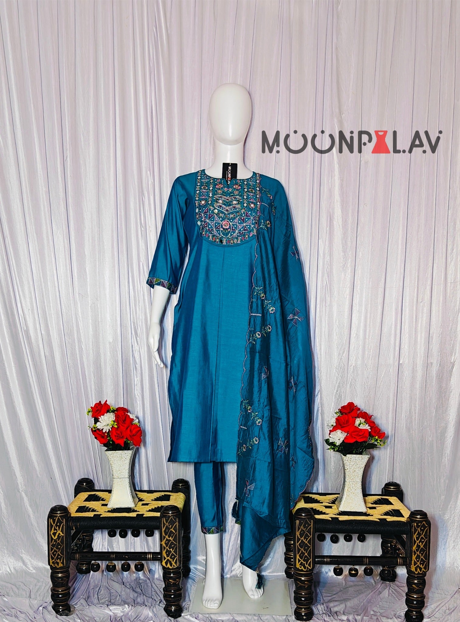 Moonpalav Teal Blue Mango Silk Mirror Work Kurti Set with Chanderi Dupatta
