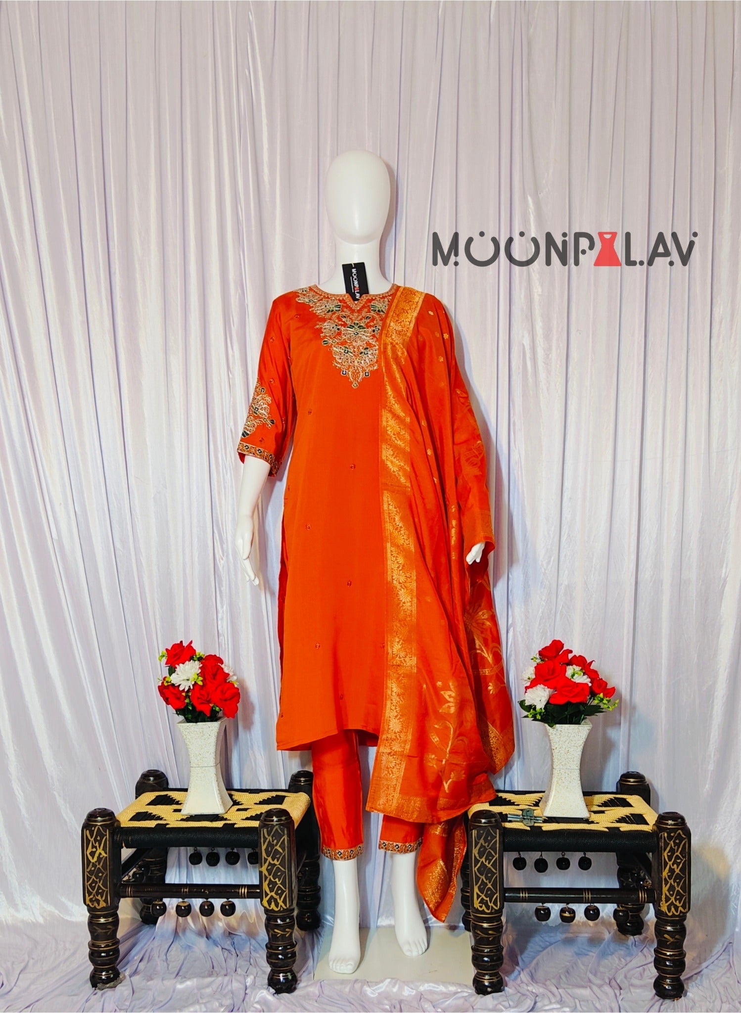 Moonpalav Vibrant Orange Roman Silk Sequinned Kurta Set with Jacquard Dupatta