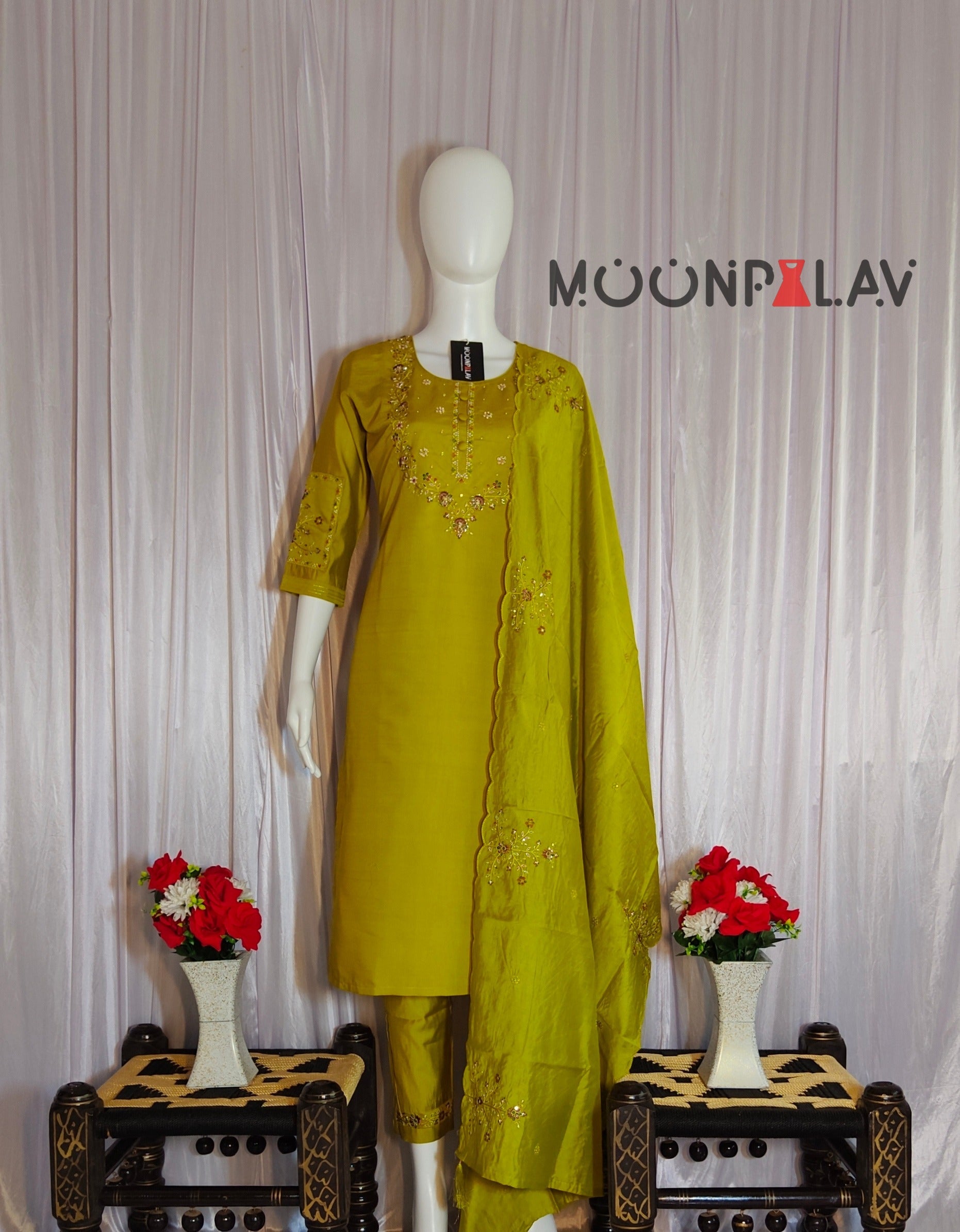 Mustard Marina Silk Handwork Kurti Pant Set with Maslin Dupatta